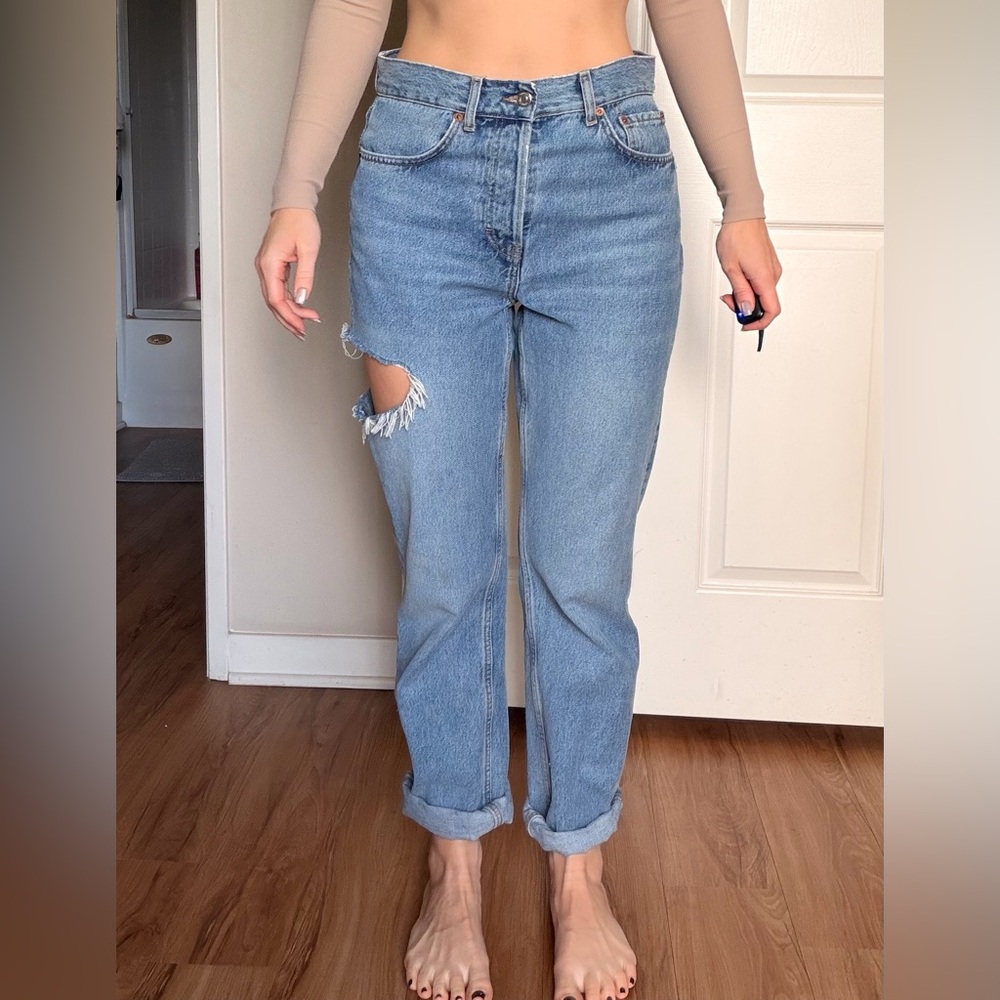 Topshop Light Blue Ripped Straight Leg Jeans
